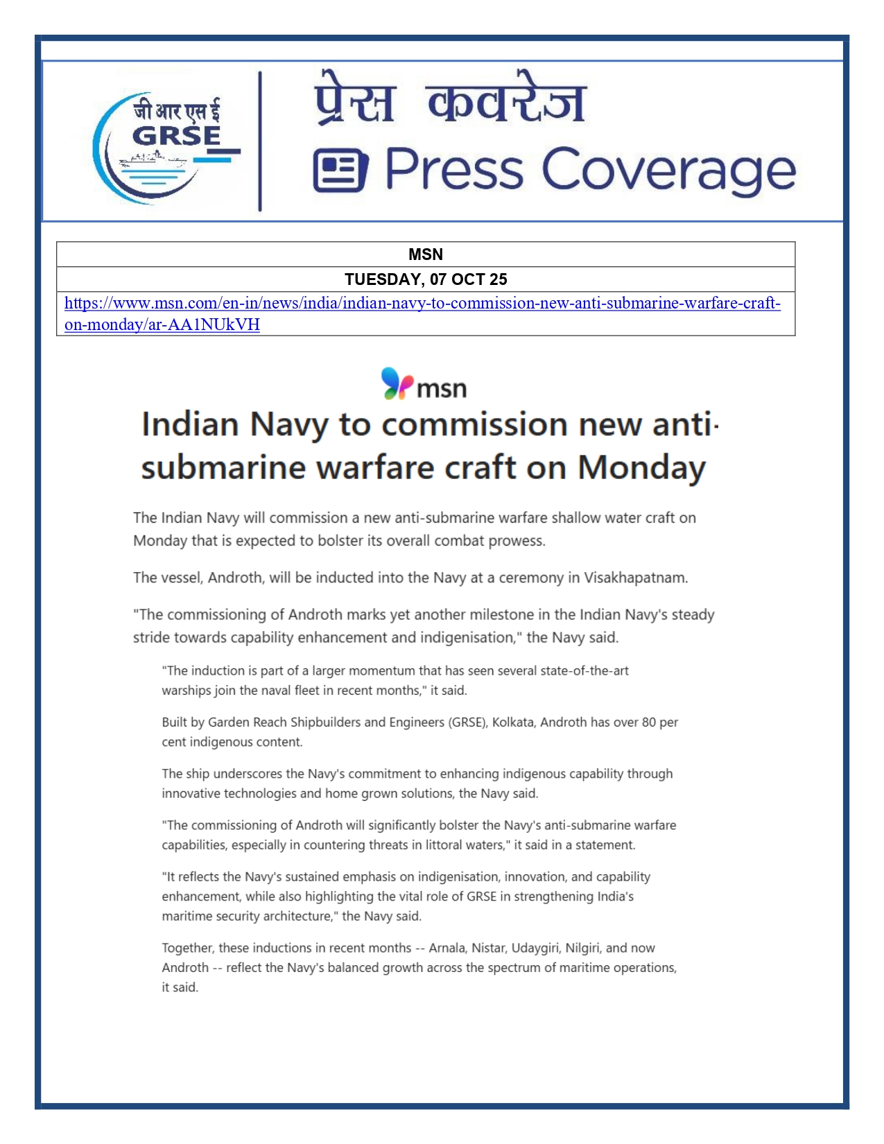 Press Coverage : 07 Oct 25:Proud Moment For GRSE As Second ASW SWC INS Androth Gets Commissioned Into Navy  